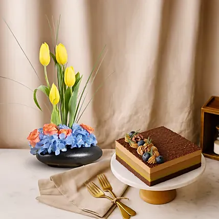 Dubai Hazelnut Chocolate Cake with Tulip and Hydrangea Radiance: Dubai Chocolate Cakes