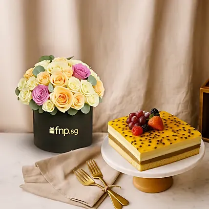 Dubai Passionfruit Chocolate Cake and Mix Roses Bundle: Dubai Chocolate Cakes