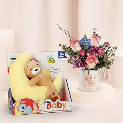 New Born Girl Flowers and Cozy Toy: New Arrival Combo Gifts