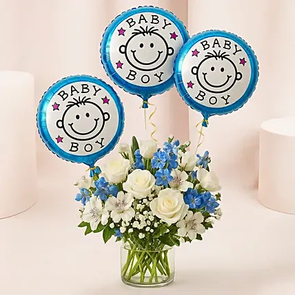 Blue N White Floral Bunch with Balloons: Balloon Flower Bouquet