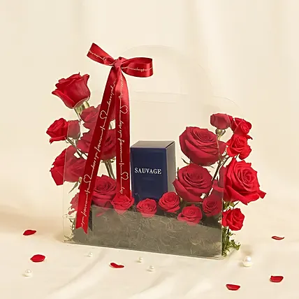 Roses and Dior Sauvage Gift Bag: Valentine's Day Hampers