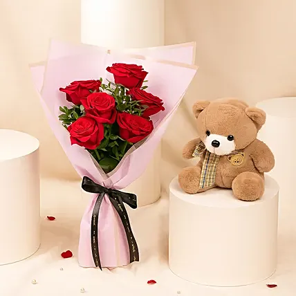 6 Roses and Teddy Combo: Flowers & Teddy Bear