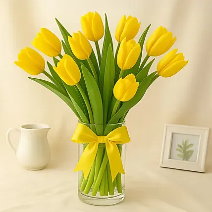 Serene Yellow Tulips Glass Vase: 