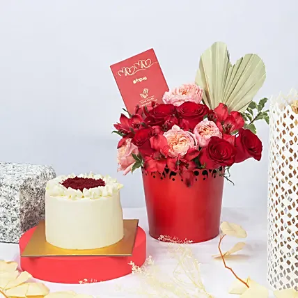 Romantic Roses, Chocolate & Red Velvet Cake Combo Gift: National Day Cakes