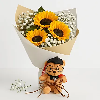 Sunflower Graduation Bouquet with Cute Teddy: Graduation Bouquet