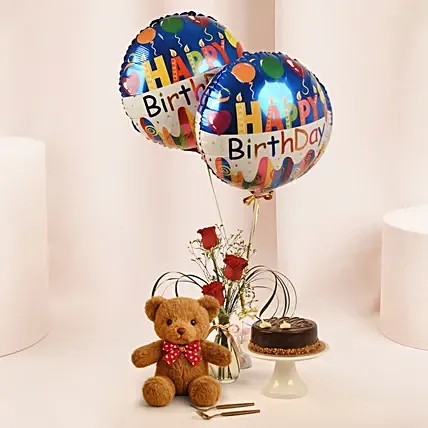 Birthday Surprise Combo with Roses, Cake, Teddy & Balloons: Balloon Bouquets