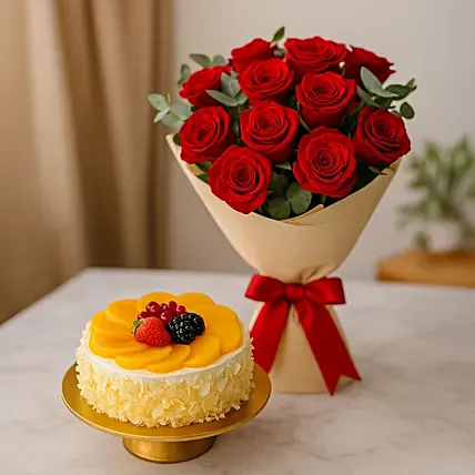 Flowers with Cake Bundle: Fruit Cake & Red Roses: Circuit Breaker Gifts