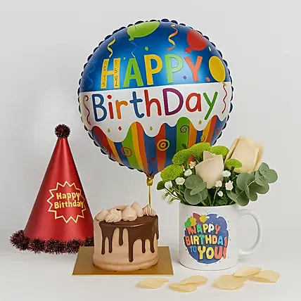 Fresh Roses with Printed Mug & Birthday Celebration Gift Set: Flowers And Balloon Delivery