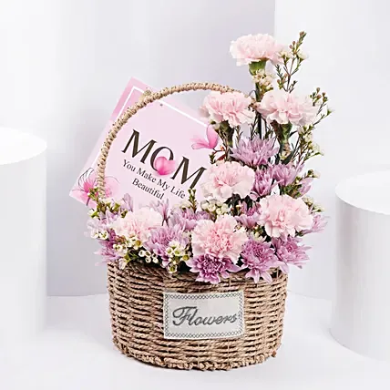 Mother&rsquo;s Love Pink & Purple Floral Basket with Chocolates: Mother's Day Hampers