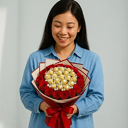 Red Roses & Ferrero Rocher Chocolate Bouquet Gift Combo: National Day Gifts
