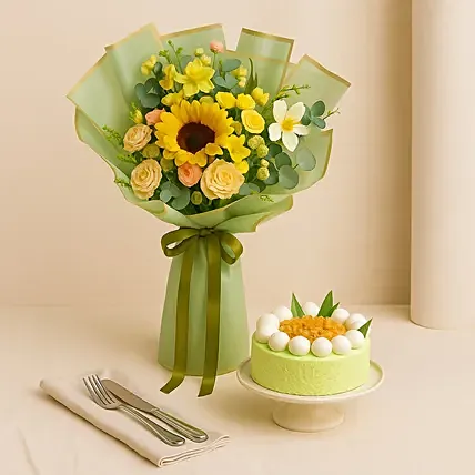 Sunbeam - Floral Fushion Bouquet & Pandan Ondeh Ondeh Cake: Flowers and Cake Delivery Singapore