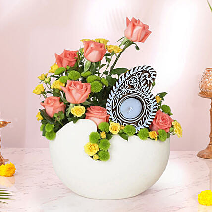 Mesmerising Deepavali Arrangement with Diya: Deepavali Flowers