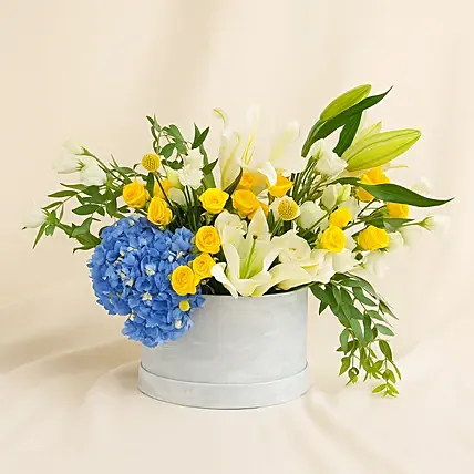 Bright Blooms Box with Hydrangea Roses & Lilies: Yellow Flowers
