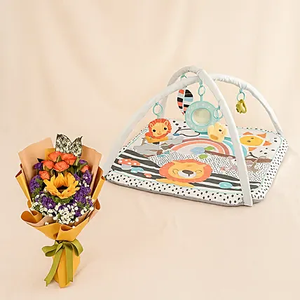 Square Game Mat With Flower Bouquet: Newborn Baby Flowers Singapore