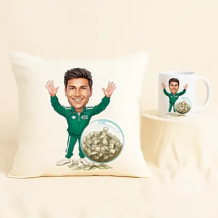 Personalised Caricature Green Tracksuit No. 456 Mug & Cushion: Personalised Combo Gifts