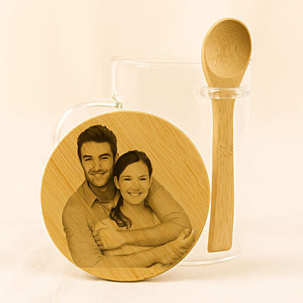 Personalised Glass Mug with Bamboo Lid n Spoon: Personalised Anniversary Gifts