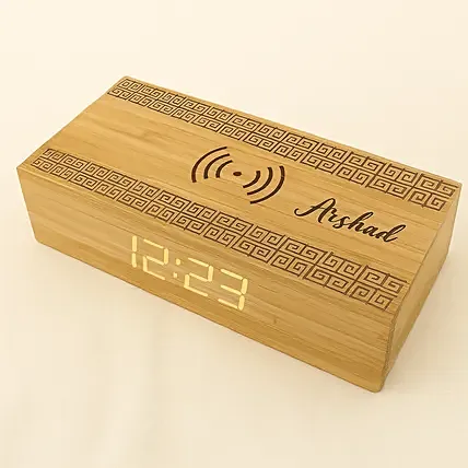 Engraved Text Bamboo Wireless Charger with Clock: 