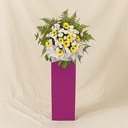 Yellow Gerberas White Pom In Beautiful Pink Stand: Grand Opening Flowers