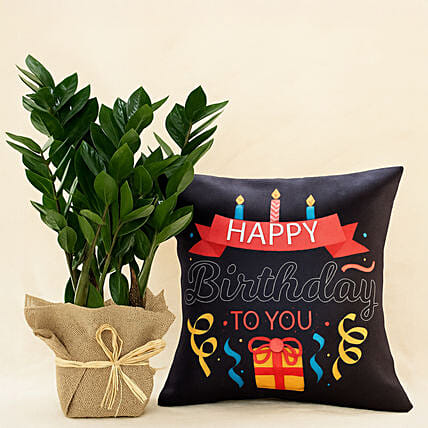 Jute Wrapped Jamia Plant With Personalised Birthday Candle Cushion: One Hour Personalised Gifts Delivery 