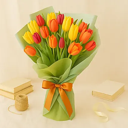 Beautifully Wrapped Mixed Tulips Bouquet: For Birthday
