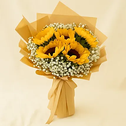 Ravishing Sunflowers Beautifully Tied Bouquet: Yellow Flowers