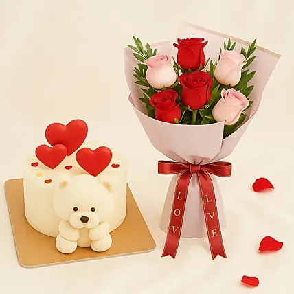 Adorable Teddy Bear Cake and Flowers Bundle: Housewarming Cakes
