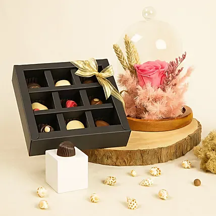 Pink Forever Rose and Assorted Chocolate Box: Karwachauth Gifts Singapore