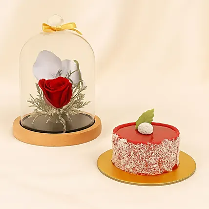 Red Forever Rose With Mini Mousse Cake: Flowers And Cake For Anniversary