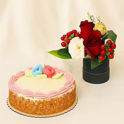Box Of Roses With Butter Sponge Cake: New Year Flower Arrangements