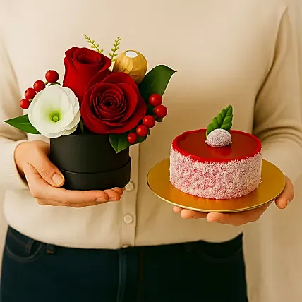 Roses And Rocher In The Box With Mini Mousse Cake: For Anniversary