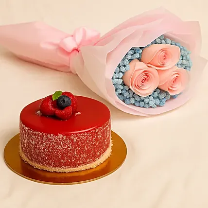 Lovely Pink Rose Baby Breath Bouquet With Mini Mousse Cake: Baby's Breath Flowers