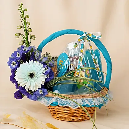 Lucky Baby Feed Essential Blue Basket with Flowers: For New Born
