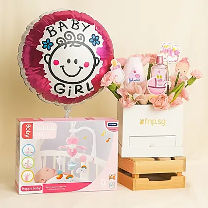 Pink Box Baby Girl Gift Set with Flowers, Balloon & Baby Care Kit: Flowers And Balloon Delivery