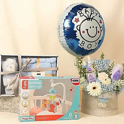 Its a Baby Boy Flowers Arrangement giftset with Balloon: Balloon Flower Bouquet