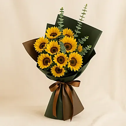 Charismatic Sunflowers Beautifully Tied Bouquet: Father's Day Flowers