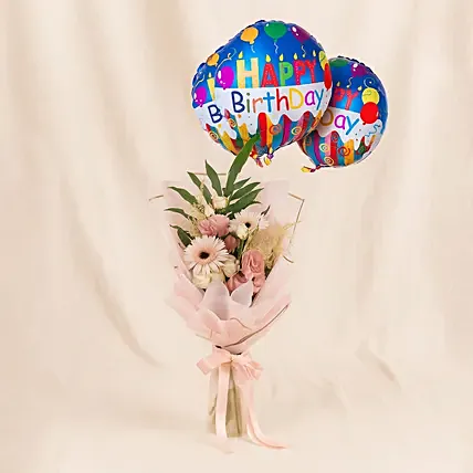 Dignified Mixed Flowers Bouquet with Birthday Balloon Set: Balloon Bouquets