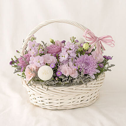 Enticing Mixed Flowers Round Basket: Birthday Basket Arrangement