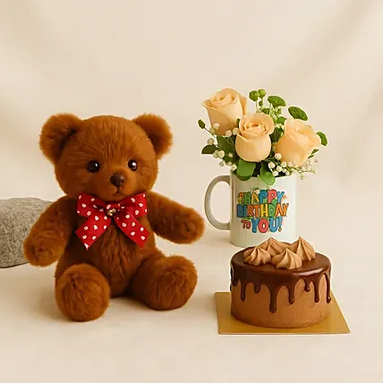 Birthday Floral Mug Arrangement with Teddy N Chocolate Cake: Bento Cakes