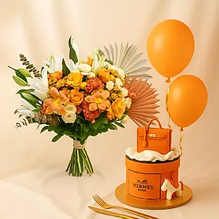 Happiness - Orange Flowers cake & Balloons: Orange Flowers
