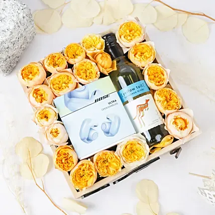 BOSE Noise cancelling Earbuds Wine and Flowers Gift Tray: Gifts For Singles Day