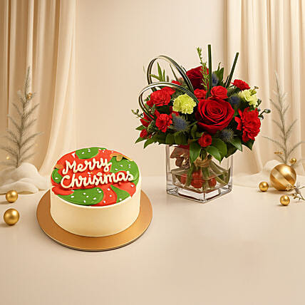 Decorative Xmas Floral Vase with Cake: For Men