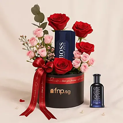 Love You Forever Rose Box with Hugo Boss Bottled Night EDT: Branded Gifts