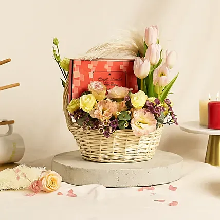 Royce Berry Cubes Chocolate and Flowers Basket: Flowers and Chocolates