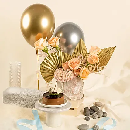 Shimmers Flowers Box with Balloons and Cake: Baby's Breath Flowers
