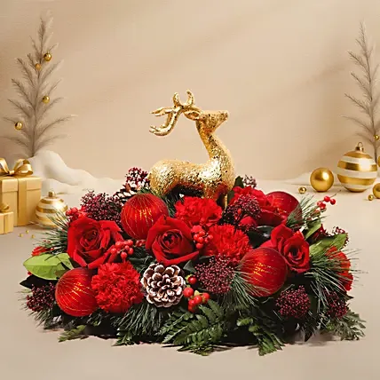 Happy Holidays Table Flowers with Reindeer: Christmas Gifts Singapore