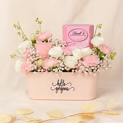 Charming Pink Basket with Flowers, Lindt Chocolates & Candle: Flowers and Chocolates