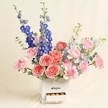 Garden Roses and Delphinium Arrangement: Teddy Day Gifts