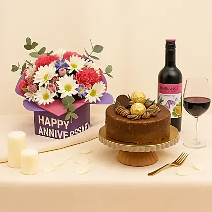 Anniversary Flowers Cake & Wine: Same Day Delivery Gifts - Order Before 10 PM