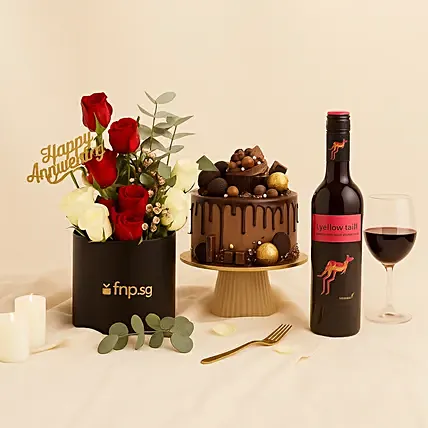 Anniversary Wishes - Flowers Cake and Wine: Designer Cakes
