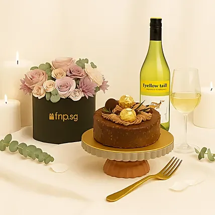 Flowers Box with Wine & Cake: Flowers and Cake Delivery Singapore